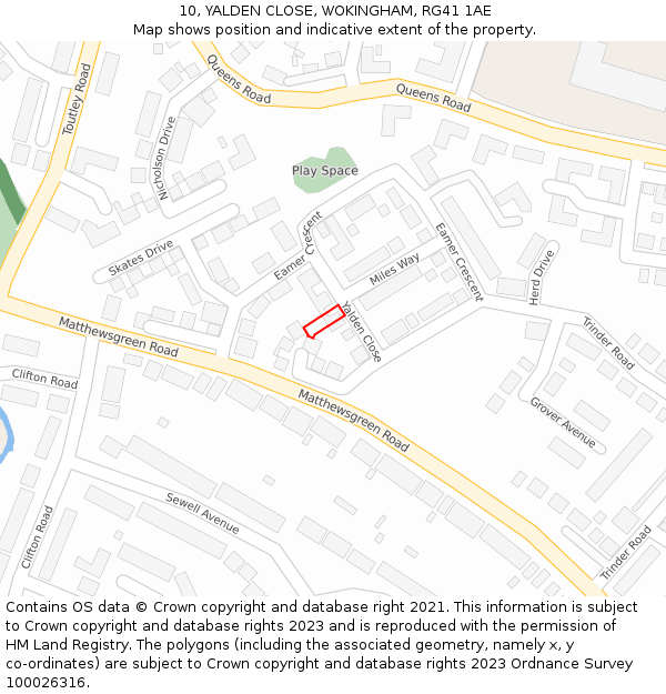 10, YALDEN CLOSE, WOKINGHAM, RG41 1AE: Location map and indicative extent of plot