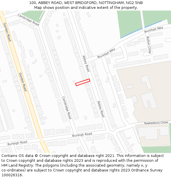 100, ABBEY ROAD, WEST BRIDGFORD, NOTTINGHAM, NG2 5NB: Location map and indicative extent of plot