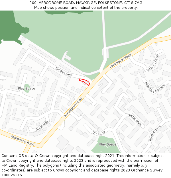 100, AERODROME ROAD, HAWKINGE, FOLKESTONE, CT18 7AG: Location map and indicative extent of plot