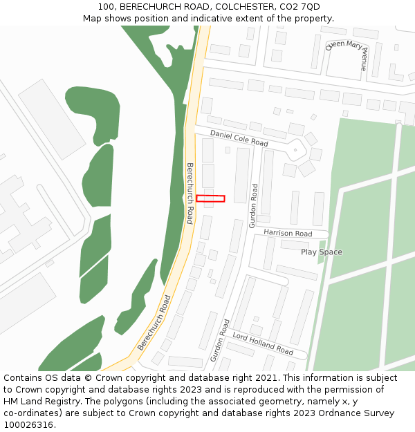 100, BERECHURCH ROAD, COLCHESTER, CO2 7QD: Location map and indicative extent of plot