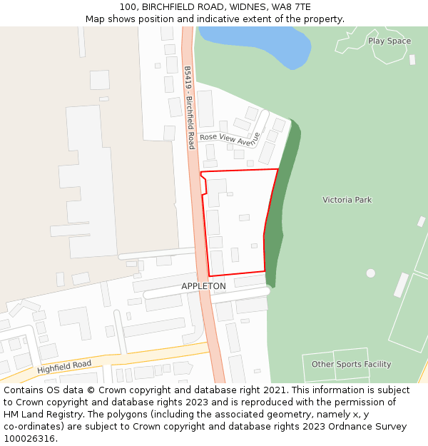 100, BIRCHFIELD ROAD, WIDNES, WA8 7TE: Location map and indicative extent of plot