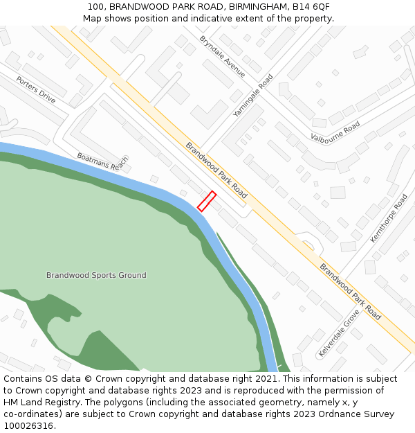 100, BRANDWOOD PARK ROAD, BIRMINGHAM, B14 6QF: Location map and indicative extent of plot