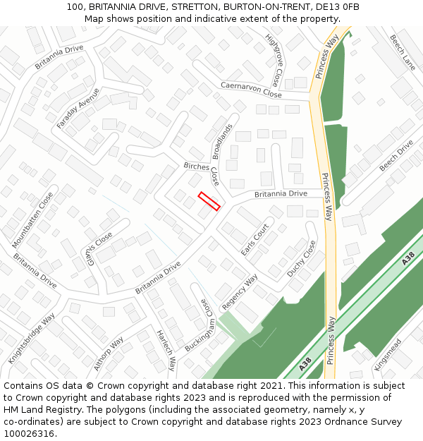 100, BRITANNIA DRIVE, STRETTON, BURTON-ON-TRENT, DE13 0FB: Location map and indicative extent of plot