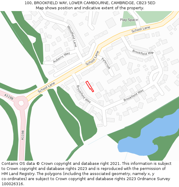 100, BROOKFIELD WAY, LOWER CAMBOURNE, CAMBRIDGE, CB23 5ED: Location map and indicative extent of plot