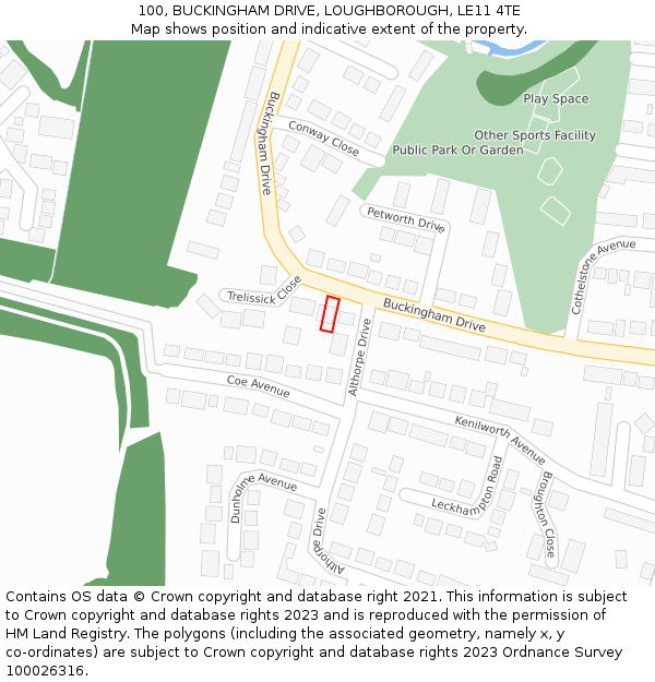 100, BUCKINGHAM DRIVE, LOUGHBOROUGH, LE11 4TE: Location map and indicative extent of plot