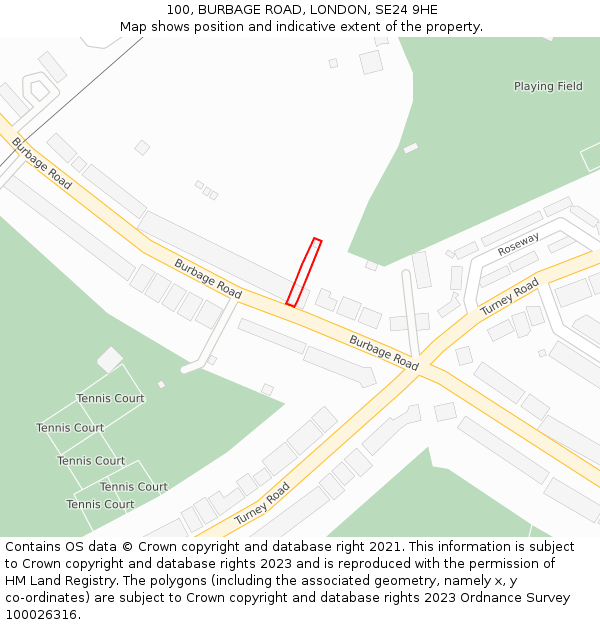 100, BURBAGE ROAD, LONDON, SE24 9HE: Location map and indicative extent of plot