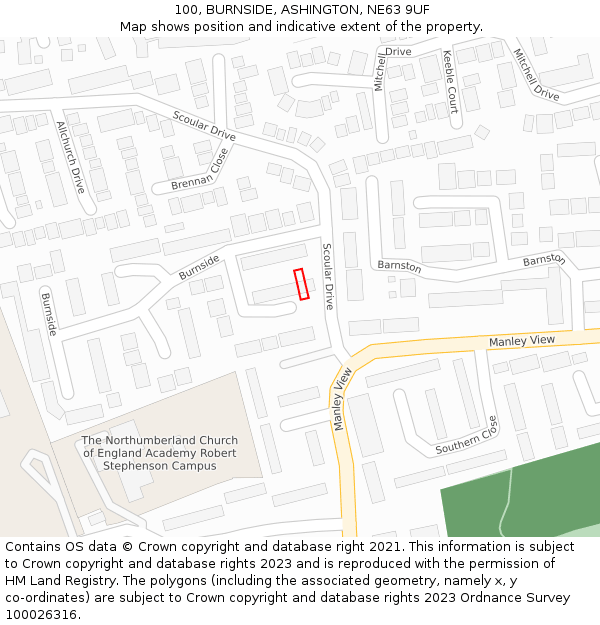 100, BURNSIDE, ASHINGTON, NE63 9UF: Location map and indicative extent of plot