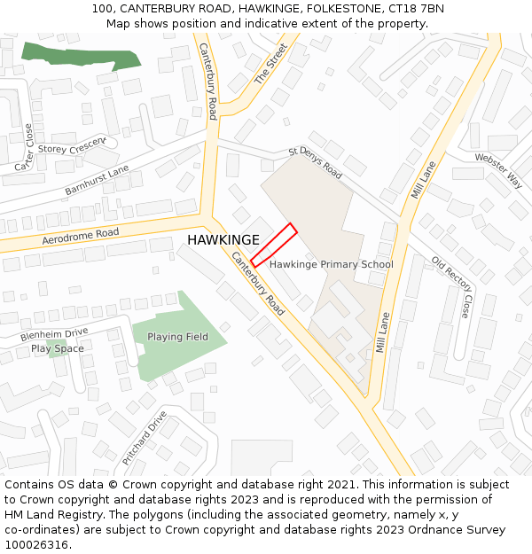 100, CANTERBURY ROAD, HAWKINGE, FOLKESTONE, CT18 7BN: Location map and indicative extent of plot