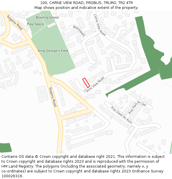 100, CARNE VIEW ROAD, PROBUS, TRURO, TR2 4TR: Location map and indicative extent of plot