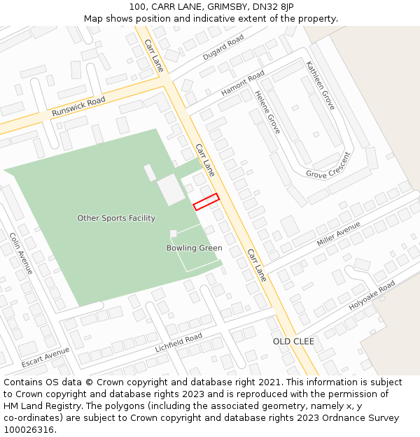 100, CARR LANE, GRIMSBY, DN32 8JP: Location map and indicative extent of plot