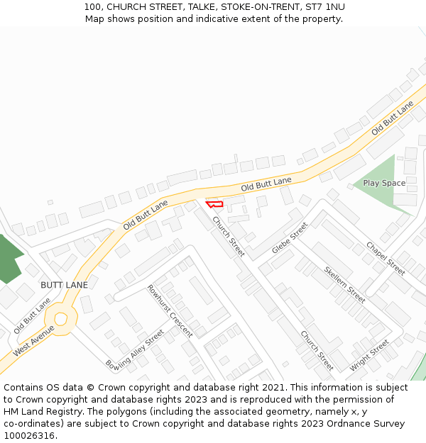 100, CHURCH STREET, TALKE, STOKE-ON-TRENT, ST7 1NU: Location map and indicative extent of plot