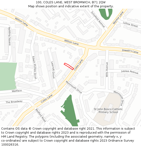 100, COLES LANE, WEST BROMWICH, B71 2QW: Location map and indicative extent of plot