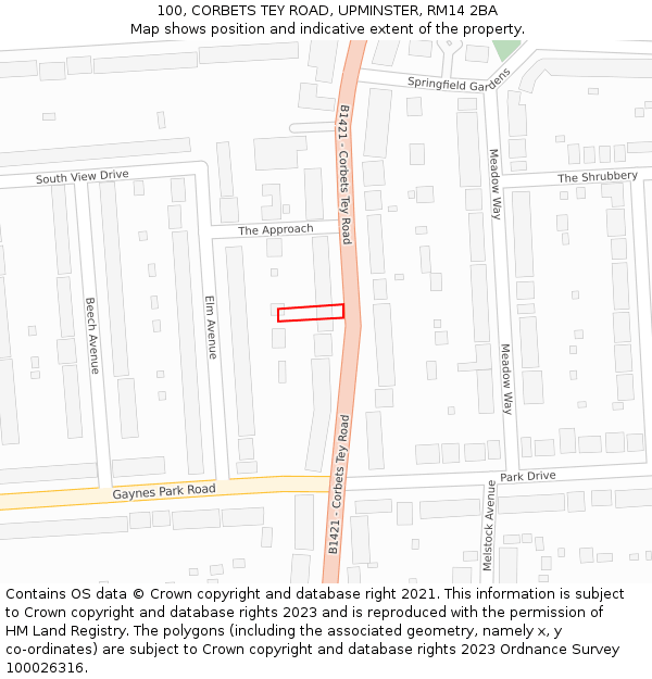 100, CORBETS TEY ROAD, UPMINSTER, RM14 2BA: Location map and indicative extent of plot