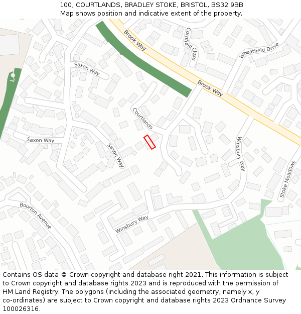 100, COURTLANDS, BRADLEY STOKE, BRISTOL, BS32 9BB: Location map and indicative extent of plot