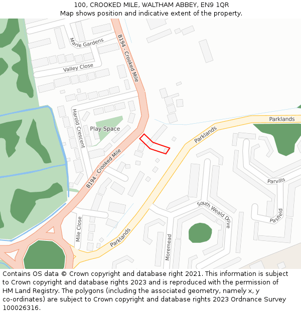 100, CROOKED MILE, WALTHAM ABBEY, EN9 1QR: Location map and indicative extent of plot