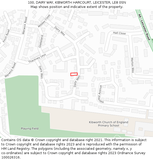 100, DAIRY WAY, KIBWORTH HARCOURT, LEICESTER, LE8 0SN: Location map and indicative extent of plot