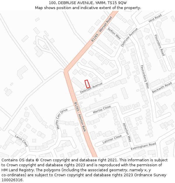 100, DEBRUSE AVENUE, YARM, TS15 9QW: Location map and indicative extent of plot