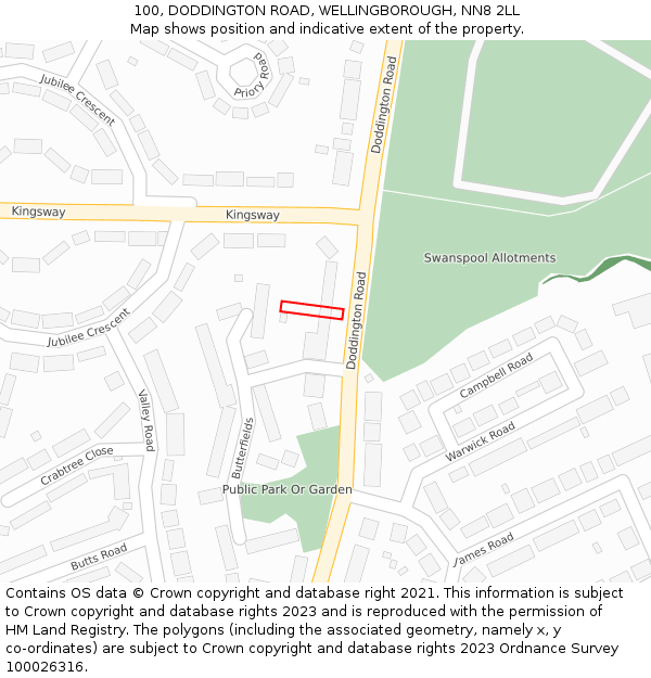 100, DODDINGTON ROAD, WELLINGBOROUGH, NN8 2LL: Location map and indicative extent of plot