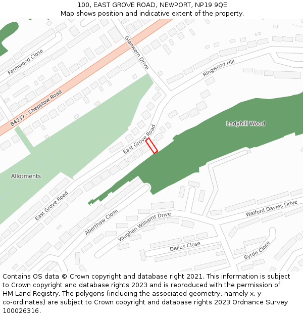100, EAST GROVE ROAD, NEWPORT, NP19 9QE: Location map and indicative extent of plot