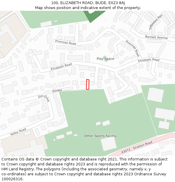 100, ELIZABETH ROAD, BUDE, EX23 8AJ: Location map and indicative extent of plot