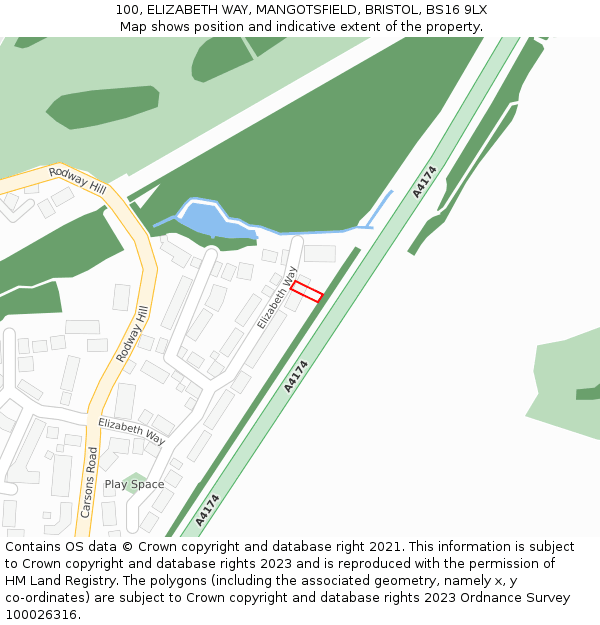 100, ELIZABETH WAY, MANGOTSFIELD, BRISTOL, BS16 9LX: Location map and indicative extent of plot