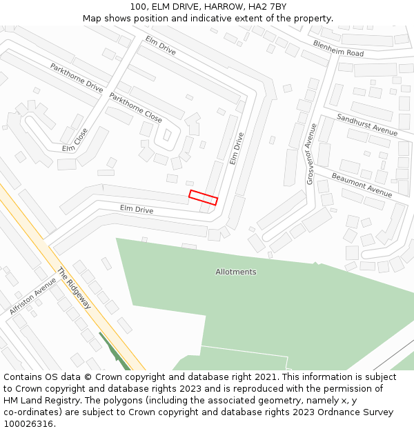 100, ELM DRIVE, HARROW, HA2 7BY: Location map and indicative extent of plot