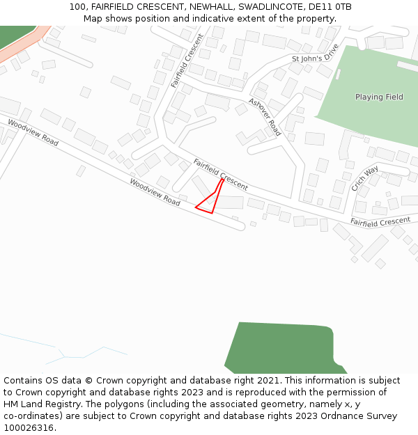 100, FAIRFIELD CRESCENT, NEWHALL, SWADLINCOTE, DE11 0TB: Location map and indicative extent of plot