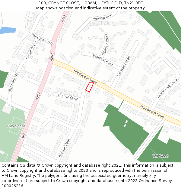 100, GRANGE CLOSE, HORAM, HEATHFIELD, TN21 0EG: Location map and indicative extent of plot