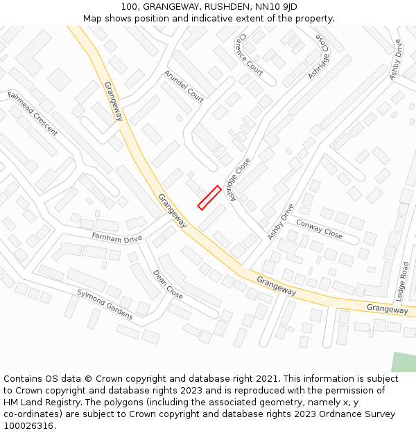 100, GRANGEWAY, RUSHDEN, NN10 9JD: Location map and indicative extent of plot