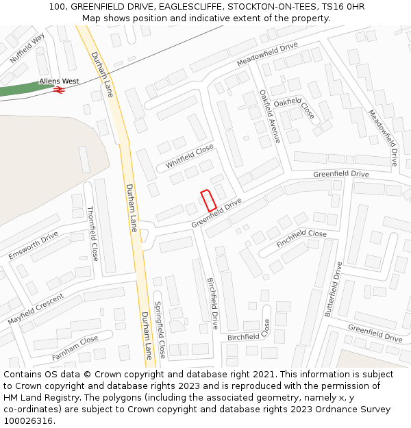 100, GREENFIELD DRIVE, EAGLESCLIFFE, STOCKTON-ON-TEES, TS16 0HR: Location map and indicative extent of plot