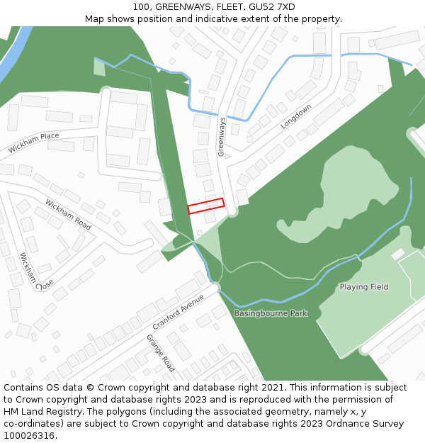 100, GREENWAYS, FLEET, GU52 7XD: Location map and indicative extent of plot