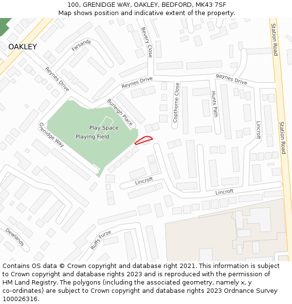 100, GRENIDGE WAY, OAKLEY, BEDFORD, MK43 7SF: Location map and indicative extent of plot