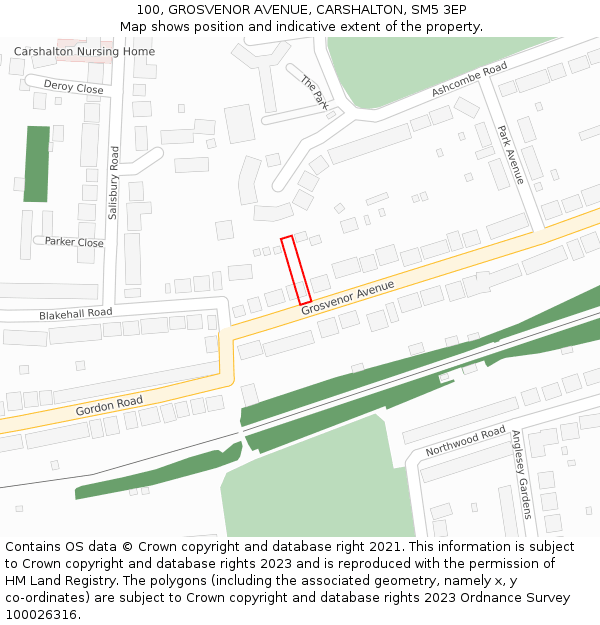 100, GROSVENOR AVENUE, CARSHALTON, SM5 3EP: Location map and indicative extent of plot