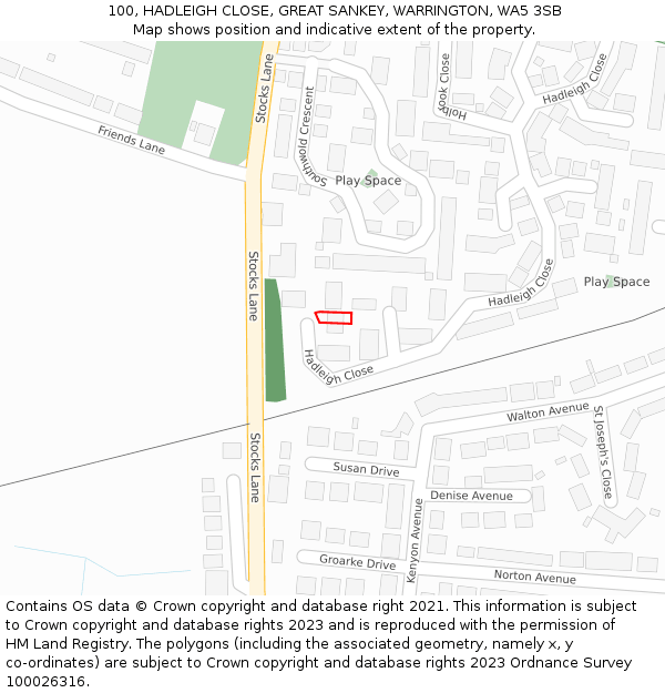 100, HADLEIGH CLOSE, GREAT SANKEY, WARRINGTON, WA5 3SB: Location map and indicative extent of plot