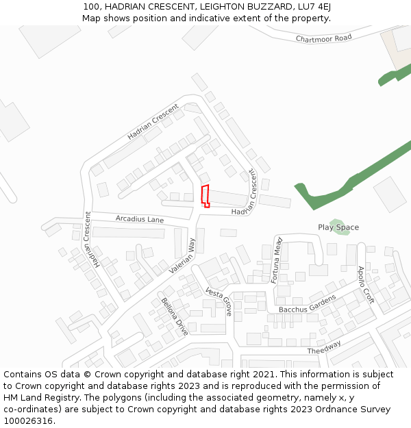 100, HADRIAN CRESCENT, LEIGHTON BUZZARD, LU7 4EJ: Location map and indicative extent of plot