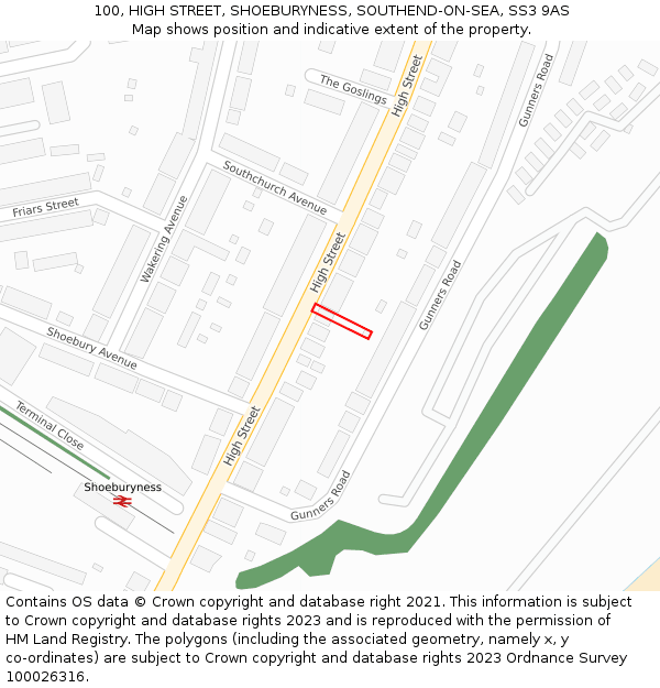 100, HIGH STREET, SHOEBURYNESS, SOUTHEND-ON-SEA, SS3 9AS: Location map and indicative extent of plot