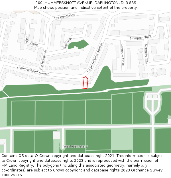 100, HUMMERSKNOTT AVENUE, DARLINGTON, DL3 8RS: Location map and indicative extent of plot