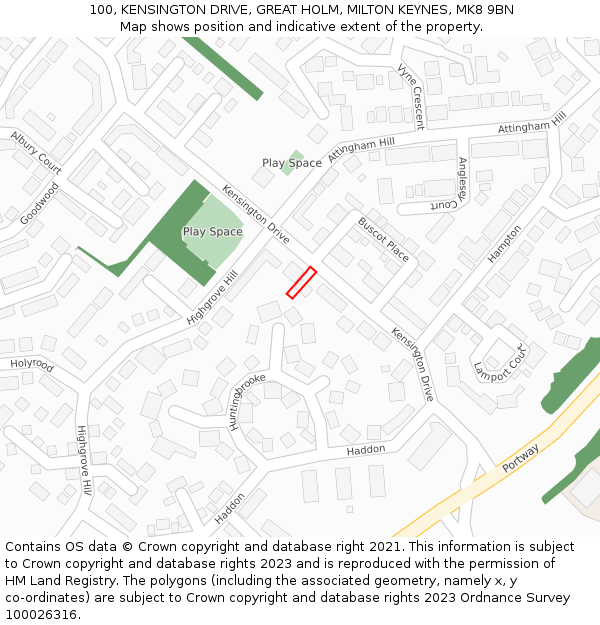 100, KENSINGTON DRIVE, GREAT HOLM, MILTON KEYNES, MK8 9BN: Location map and indicative extent of plot