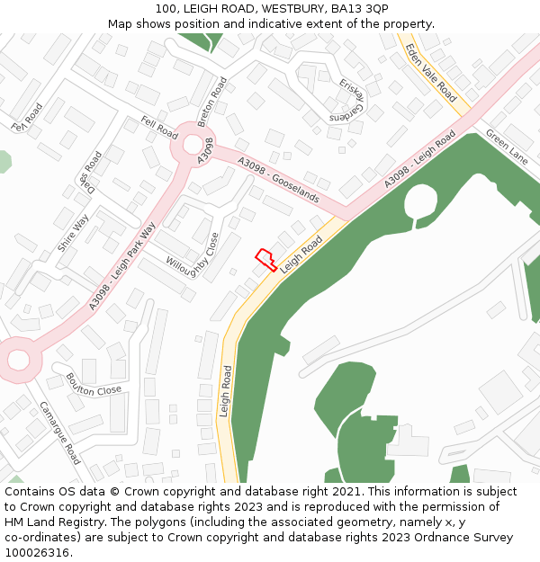 100, LEIGH ROAD, WESTBURY, BA13 3QP: Location map and indicative extent of plot