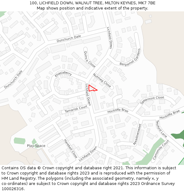 100, LICHFIELD DOWN, WALNUT TREE, MILTON KEYNES, MK7 7BE: Location map and indicative extent of plot