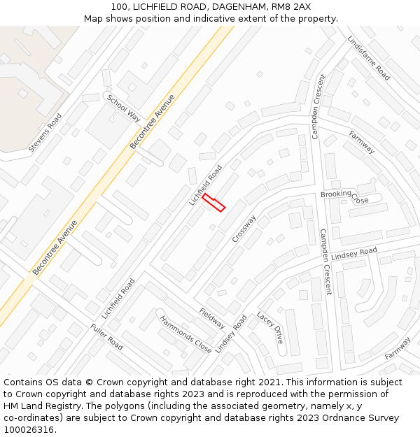 100, LICHFIELD ROAD, DAGENHAM, RM8 2AX: Location map and indicative extent of plot