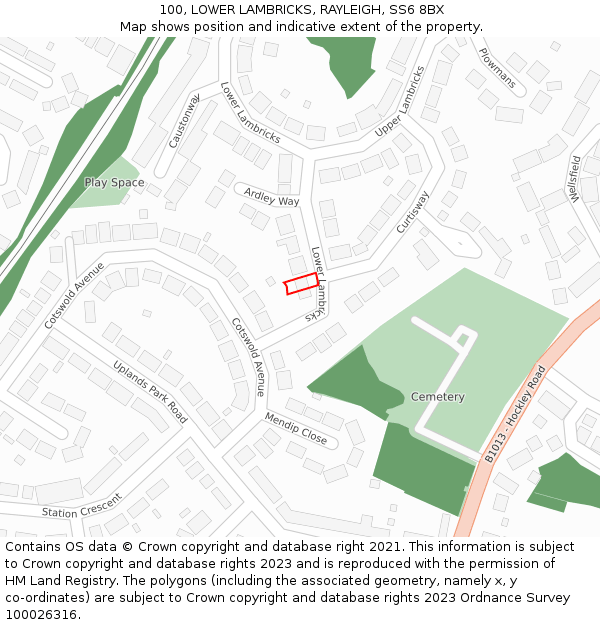 100, LOWER LAMBRICKS, RAYLEIGH, SS6 8BX: Location map and indicative extent of plot