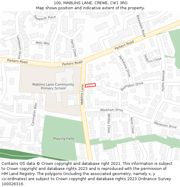 100, MABLINS LANE, CREWE, CW1 3RG: Location map and indicative extent of plot