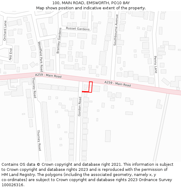 100, MAIN ROAD, EMSWORTH, PO10 8AY: Location map and indicative extent of plot