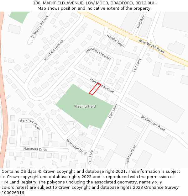 100, MARKFIELD AVENUE, LOW MOOR, BRADFORD, BD12 0UH: Location map and indicative extent of plot