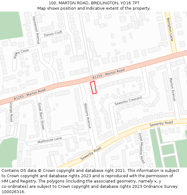 100, MARTON ROAD, BRIDLINGTON, YO16 7PT: Location map and indicative extent of plot