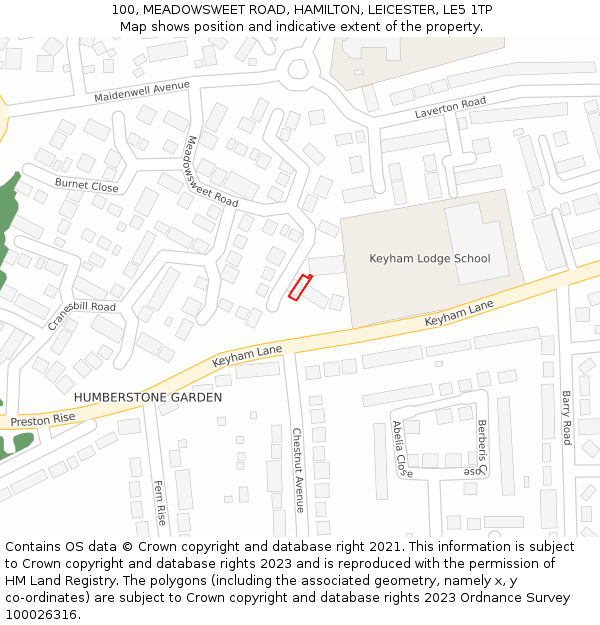 100, MEADOWSWEET ROAD, HAMILTON, LEICESTER, LE5 1TP: Location map and indicative extent of plot