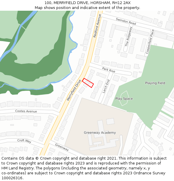 100, MERRYFIELD DRIVE, HORSHAM, RH12 2AX: Location map and indicative extent of plot