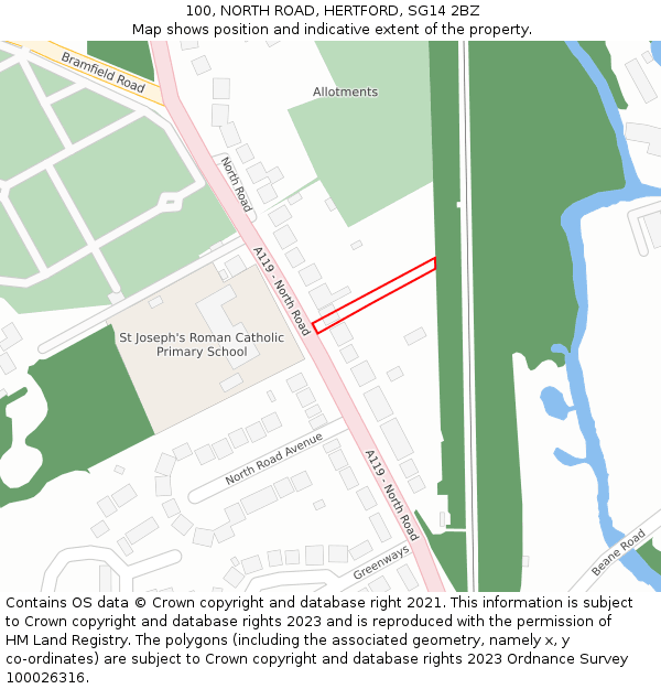 100, NORTH ROAD, HERTFORD, SG14 2BZ: Location map and indicative extent of plot