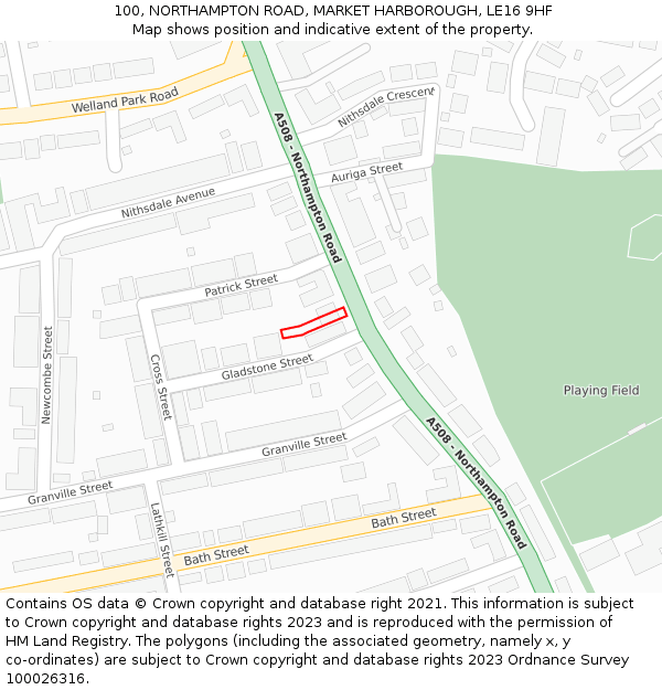 100, NORTHAMPTON ROAD, MARKET HARBOROUGH, LE16 9HF: Location map and indicative extent of plot